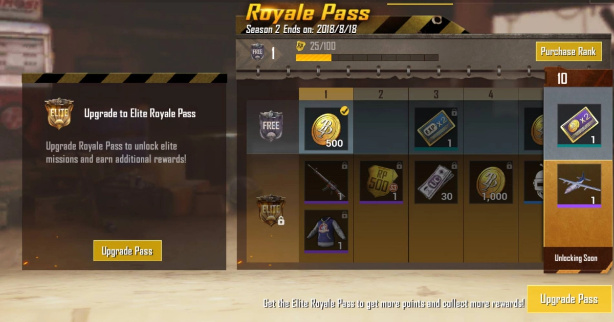 The battle pass interface with a level progression system.